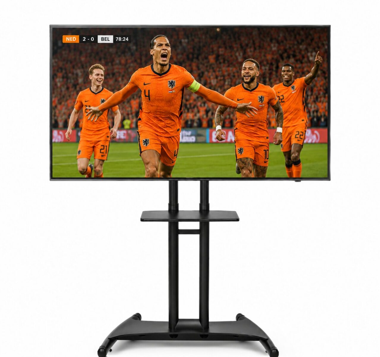 PixioDisplay Basic met nederlands elftal voetbal erop waarmee je met een grote groep de wedstrijd kunt bekijken