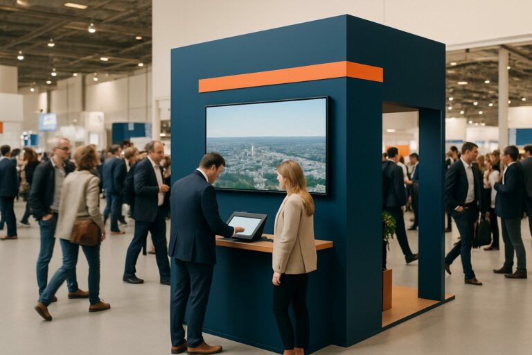 Moderne beursstand met groot digital signage scherm en bezoekers die een touchscreen-kiosk bedienen op een Nederlandse beurs