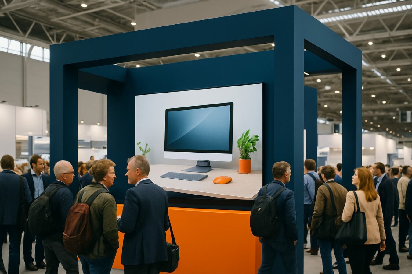 Moderne beursstand met groot digitaal display in een drukke Nederlandse beurshal, bezoekers bekijken de schermen