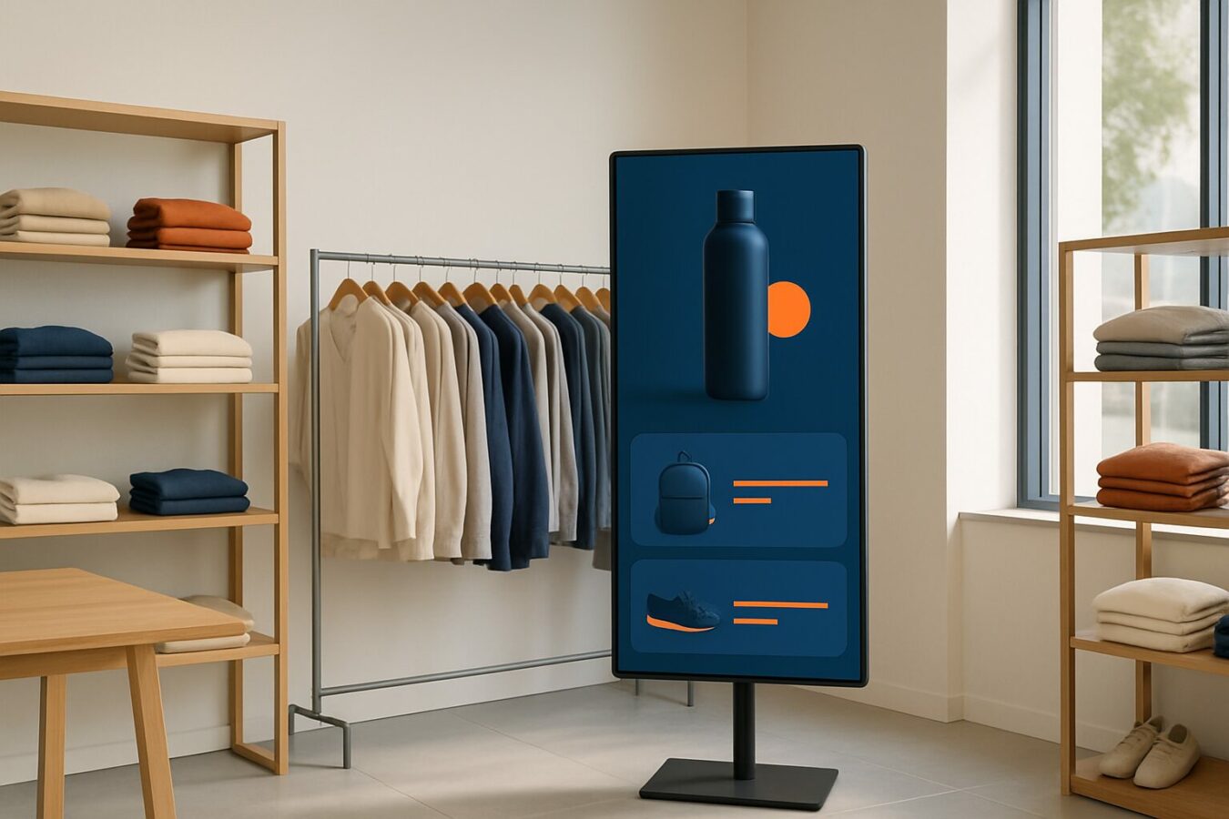Digitaal scherm in een retailwinkel met contentbeheer-interface in donkerblauw en oranje, modern interieur