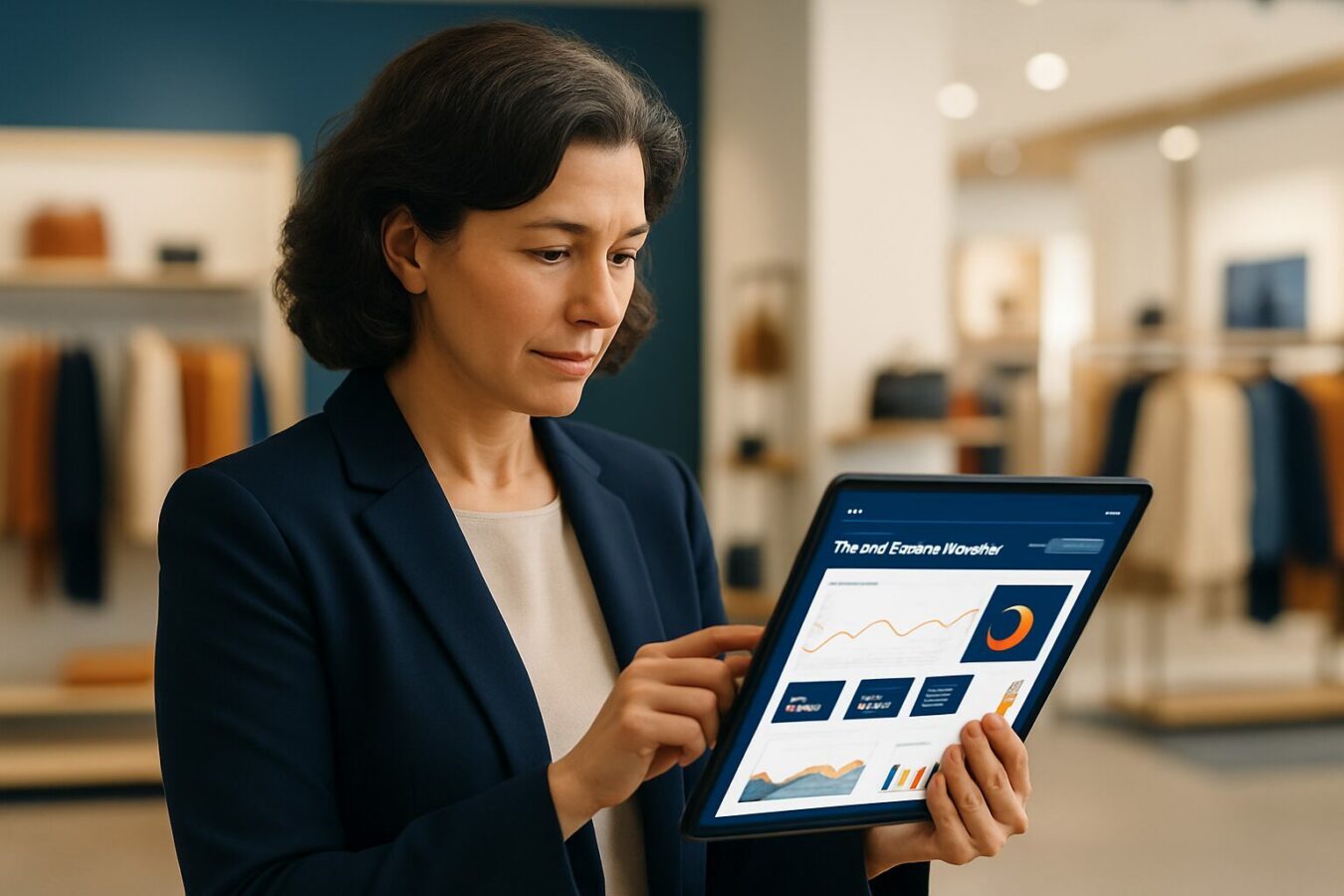 Retailmanager bekijkt KPI-dashboard voor digital signage op tablet in moderne winkelomgeving