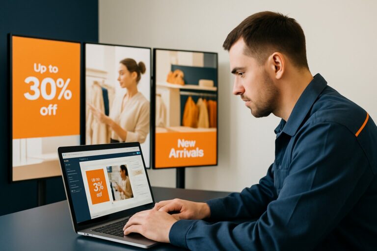 Installateur configureert narrowcasting software op laptop met meerdere digitale schermen op de achtergrond