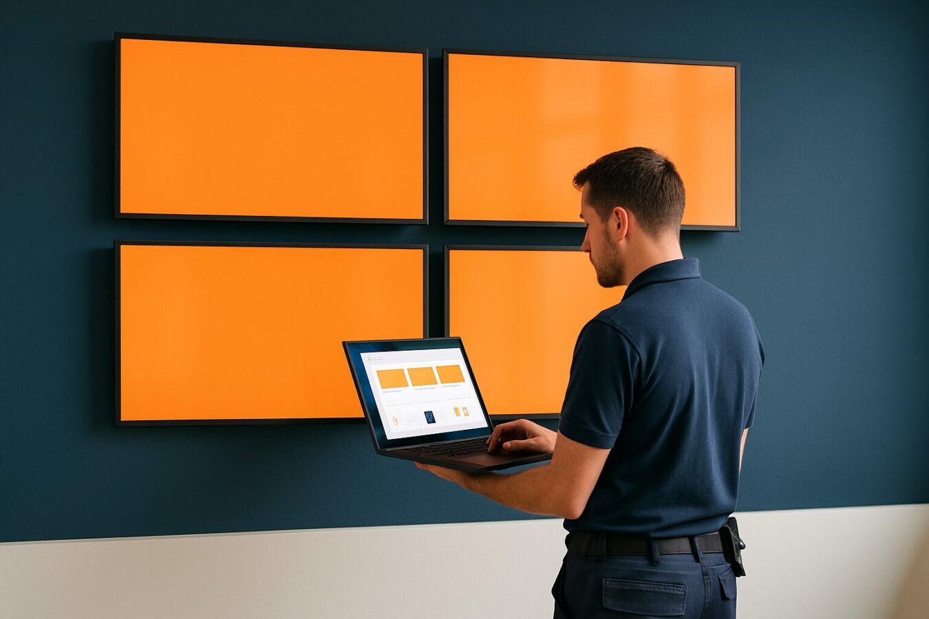 Installateur beheert meerdere narrowcasting displays via een cloud-dashboard op een laptop in een modern kantoor