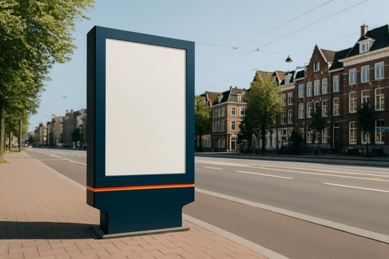 Vrijstaande outdoor digital signage zuil op een Nederlandse winkelstraat met helder verlicht display overdag