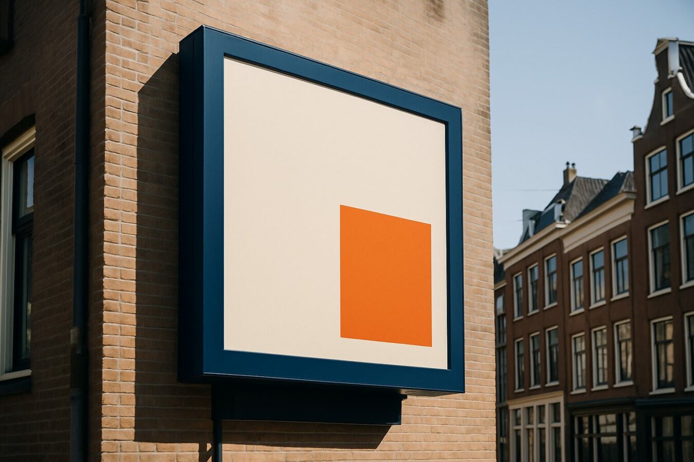 Outdoor digital signage scherm gemonteerd op een gevel in een Nederlandse binnenstad, blauw frame met oranje content