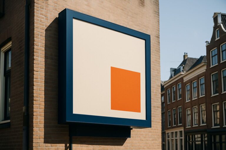 Outdoor digital signage scherm gemonteerd op een gevel in een Nederlandse binnenstad, blauw frame met oranje content