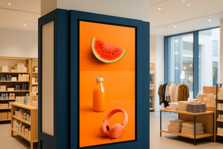 Digitaal reclamescherm in een moderne Nederlandse winkel met heldere productpromoties op een groot display