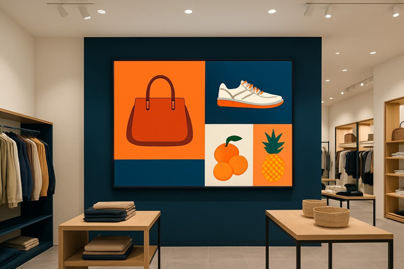 Groot digital signage-scherm in een moderne Nederlandse winkel met dynamische productpromoties in blauw en oranje