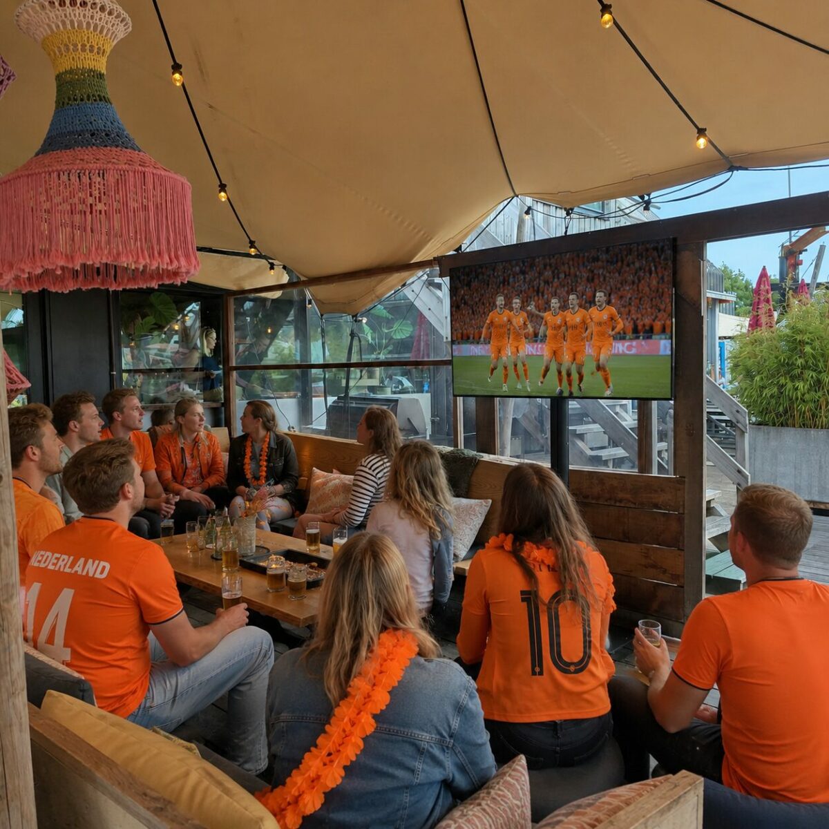 mensen die op bank naar het wk voetbal zitten te kijken via een groot tv scherm van PixioDisplay