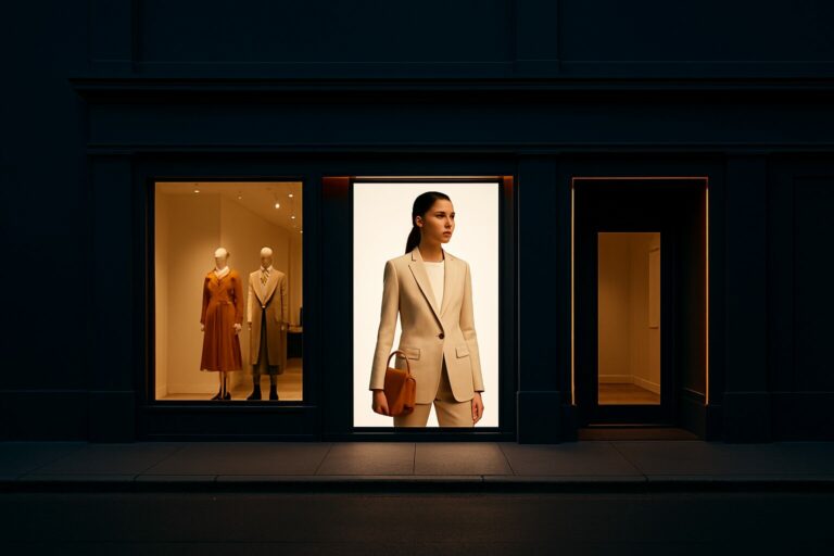Digitaal etalage-display van een modezaak dat 's avonds een campagne toont terwijl de winkel gesloten is