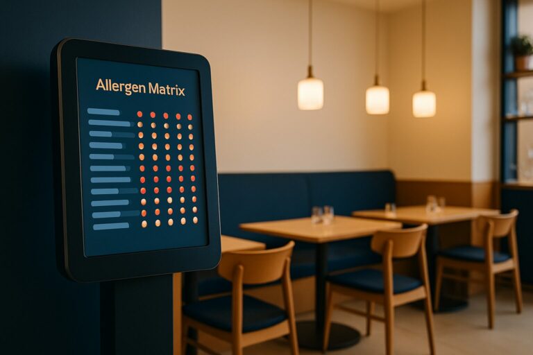 Digitale informatiezuil in een restaurant met een allergenenmatrix per gerecht zichtbaar op het touchscreen