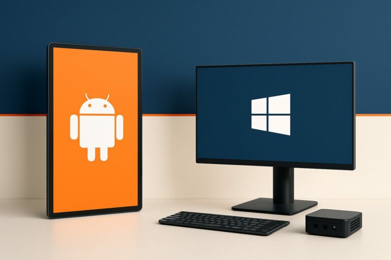 Vergelijking van een Android signage-display en een Windows mediaplayer-opstelling in een moderne kantooromgeving