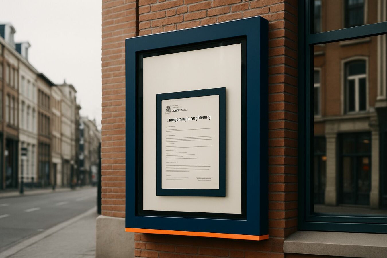 Outdoor digitaal reclamescherm op een gevelmuur in een Nederlandse binnenstad, met gemeentelijke APV-regelgeving op de achtergrond