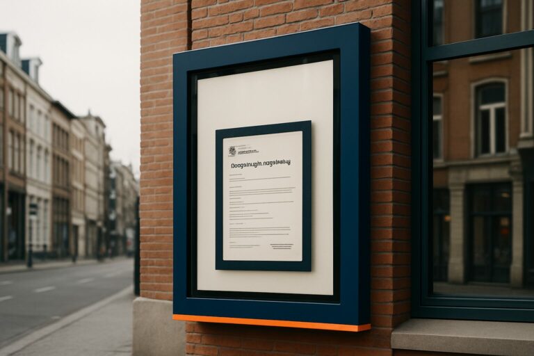 Outdoor digitaal reclamescherm op een gevelmuur in een Nederlandse binnenstad, met gemeentelijke APV-regelgeving op de achtergrond
