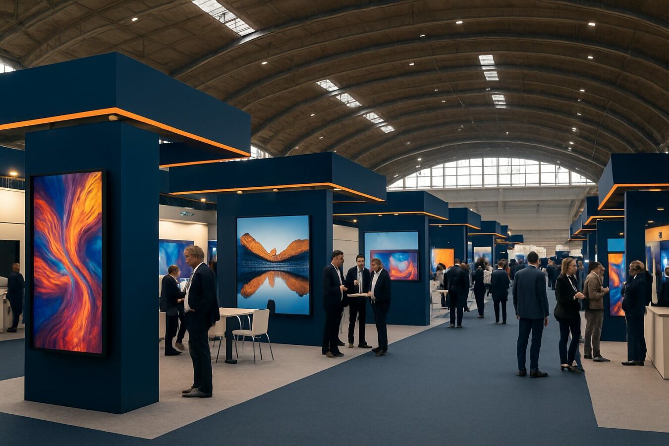 Overzicht van een grote Nederlandse beurshal met digital signage displays op stands in blauw en oranje verlichting