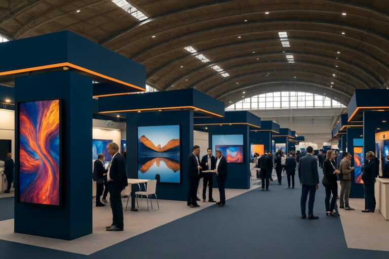 Overzicht van een grote Nederlandse beurshal met digital signage displays op stands in blauw en oranje verlichting