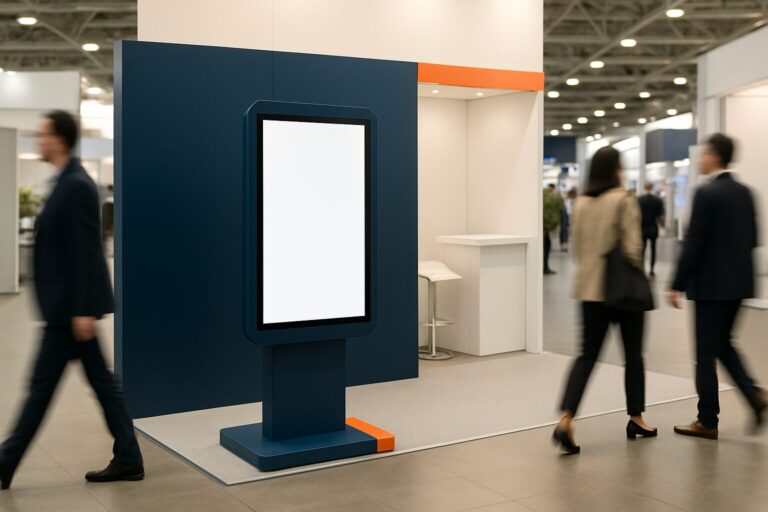 Beursstand met een groot touchscreen display op strategische positie in gangpad, bezoekers lopen langs en stoppen bij het scherm