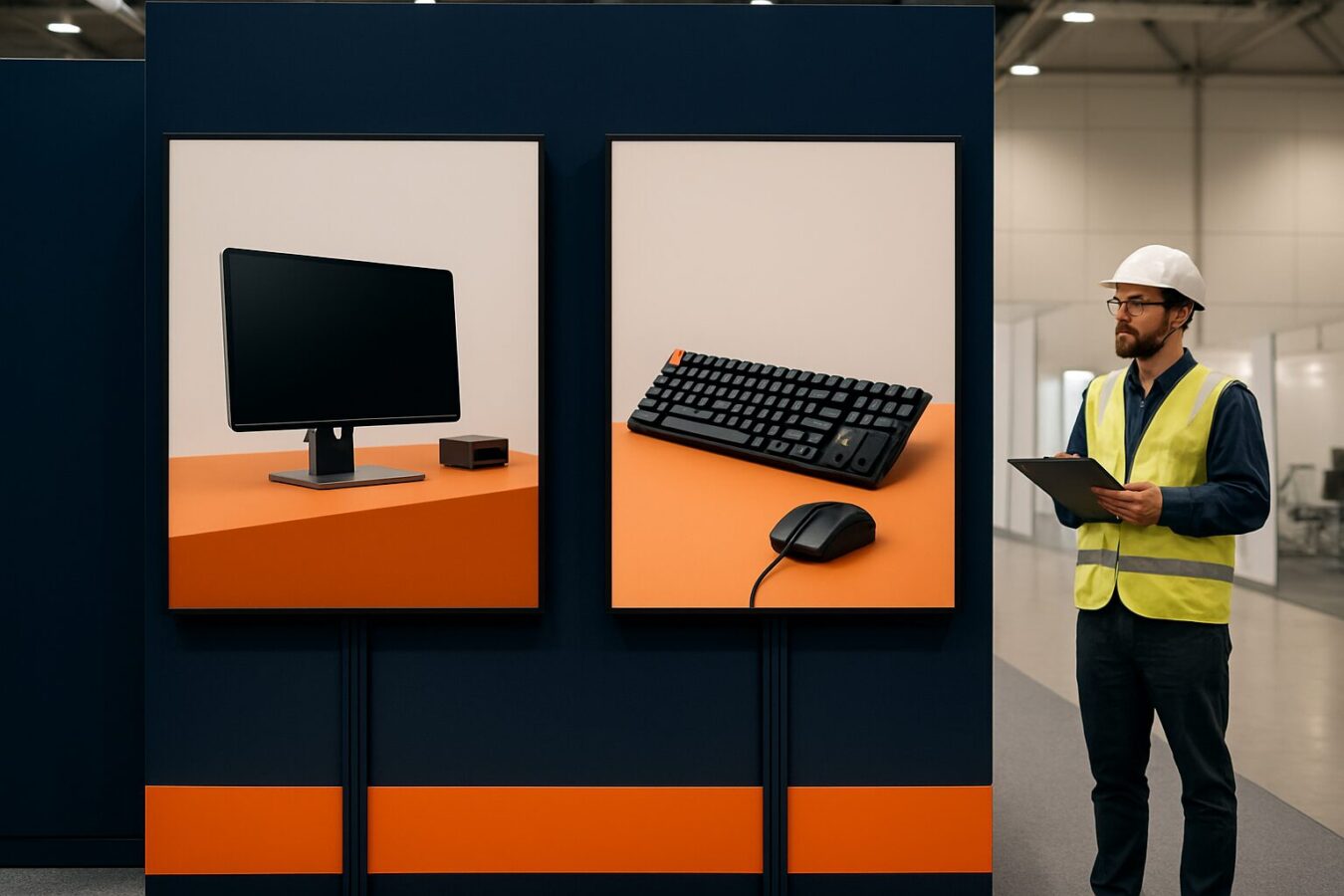 Beursstand met digital signage displays en netjes weggewerkte kabels, veiligheidsinspecteur op de achtergrond met klembord