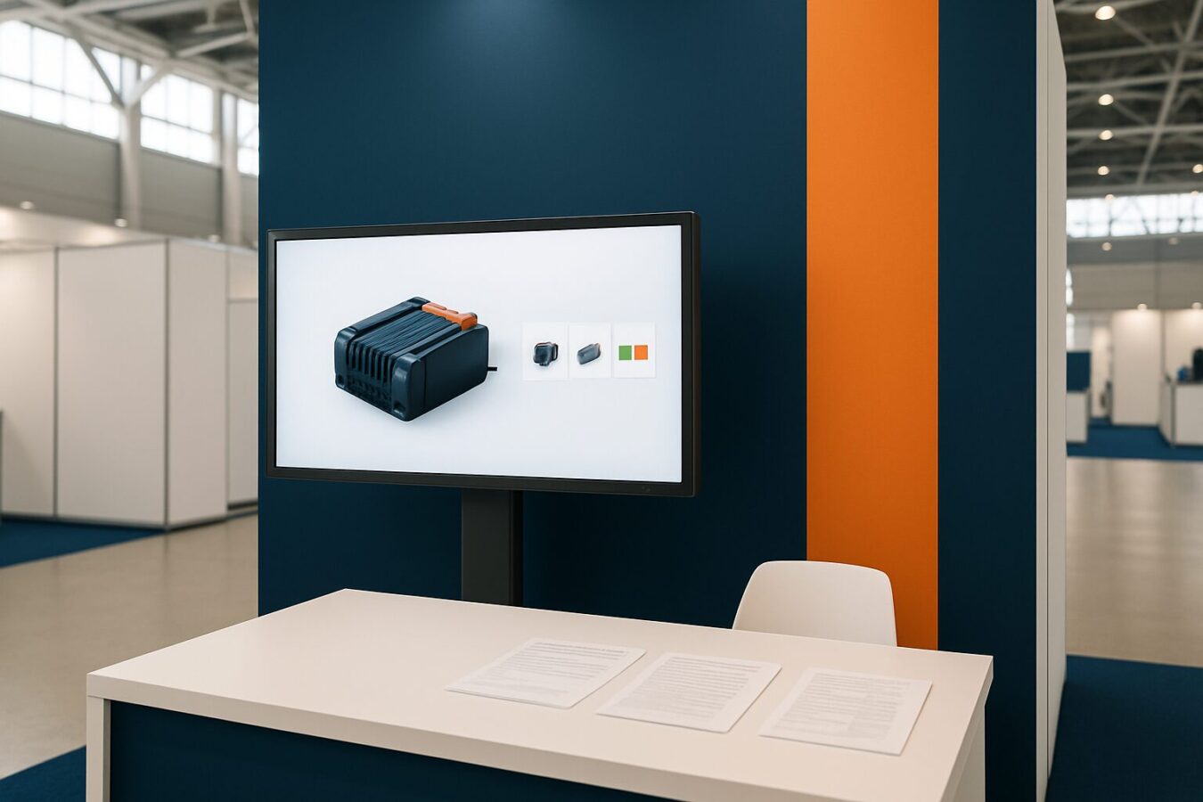 Professionele beursstand met touchscreen display en compliance-documenten op tafel in een Nederlandse beurshal