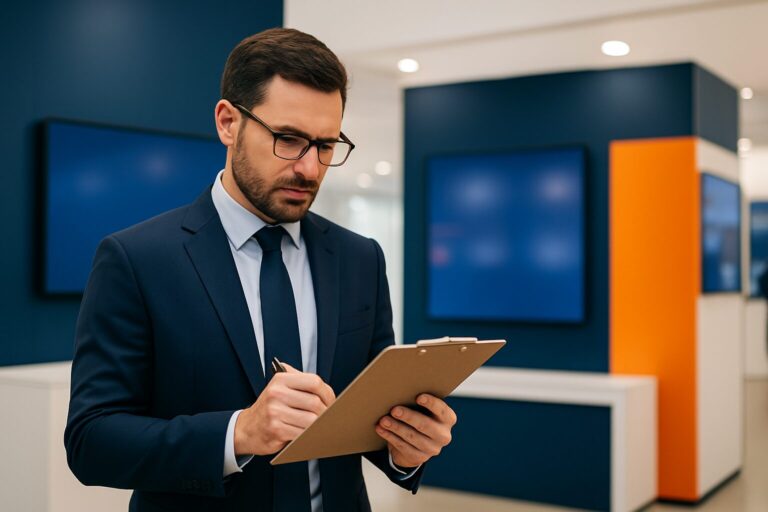B2B-exposant controleert beursvoorbereiding checklist voor een moderne beursstand met digitale displays