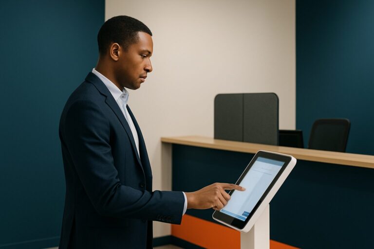 Bezoeker meldt zich aan via een touchscreen registratiezuil in een moderne kantoorontvangsruimte