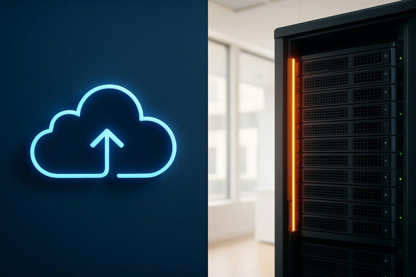 Vergelijking tussen cloud-CMS en on-premise server voor digital signage beheer, gesplitst beeld in blauw en oranje