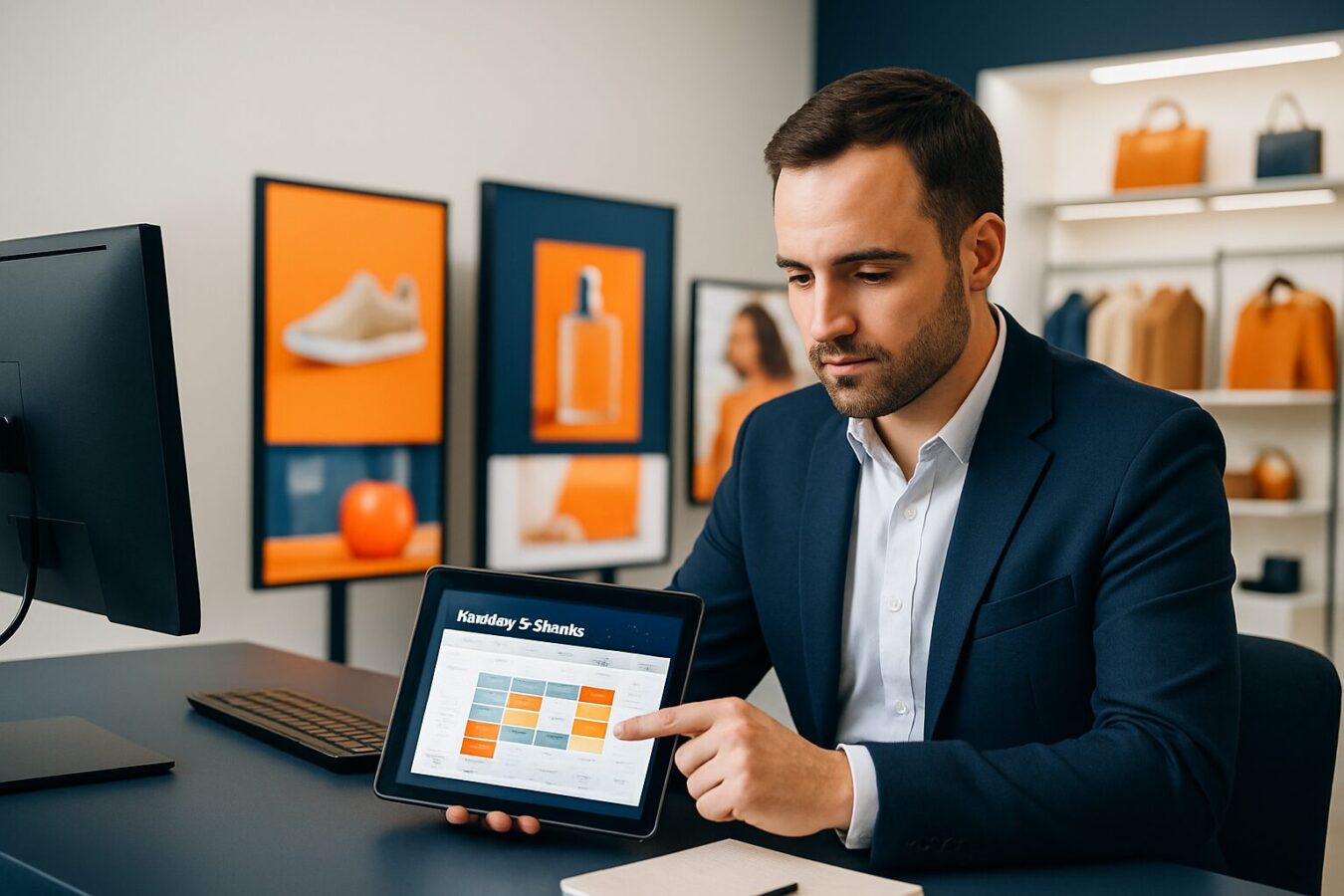 Retailmanager plant een signage-weekschema op een tablet, op de achtergrond meerdere digitale schermen met promotiecontent
