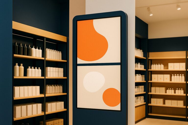 Digitaal reclamescherm in een moderne retailwinkel toont productpromoties op het verkoopvloer naast schappen