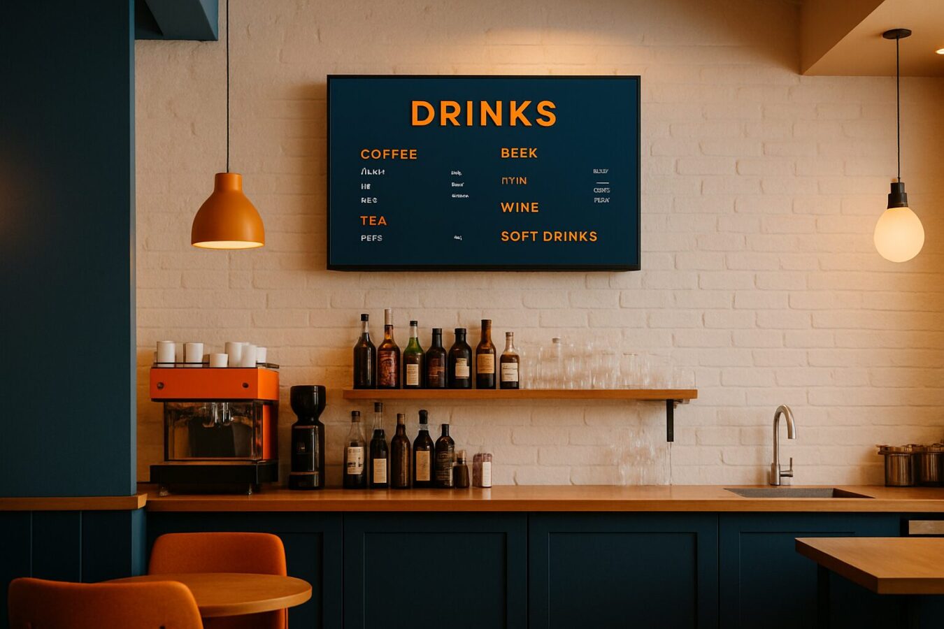 Digitaal menuscherm boven de bar in een modern Nederlands café met warme sfeerverlichting en zichtbare menukaart