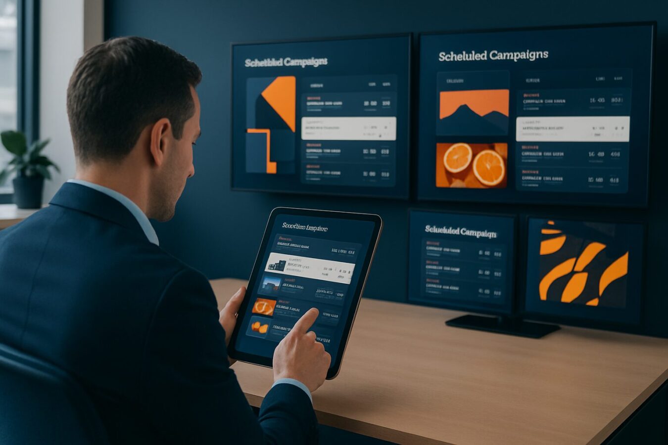 Facilitair manager beheert digital signage campagnes via tablet in modern kantoor met meerdere schermen