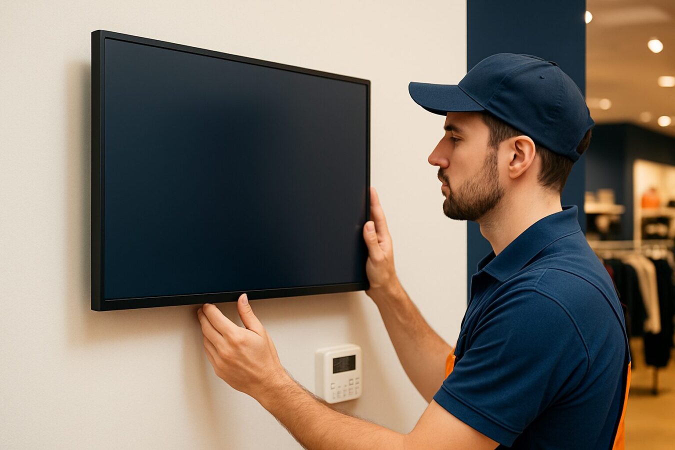 Installateur controleert energieverbruik van een commercieel digital signage display in een winkelomgeving