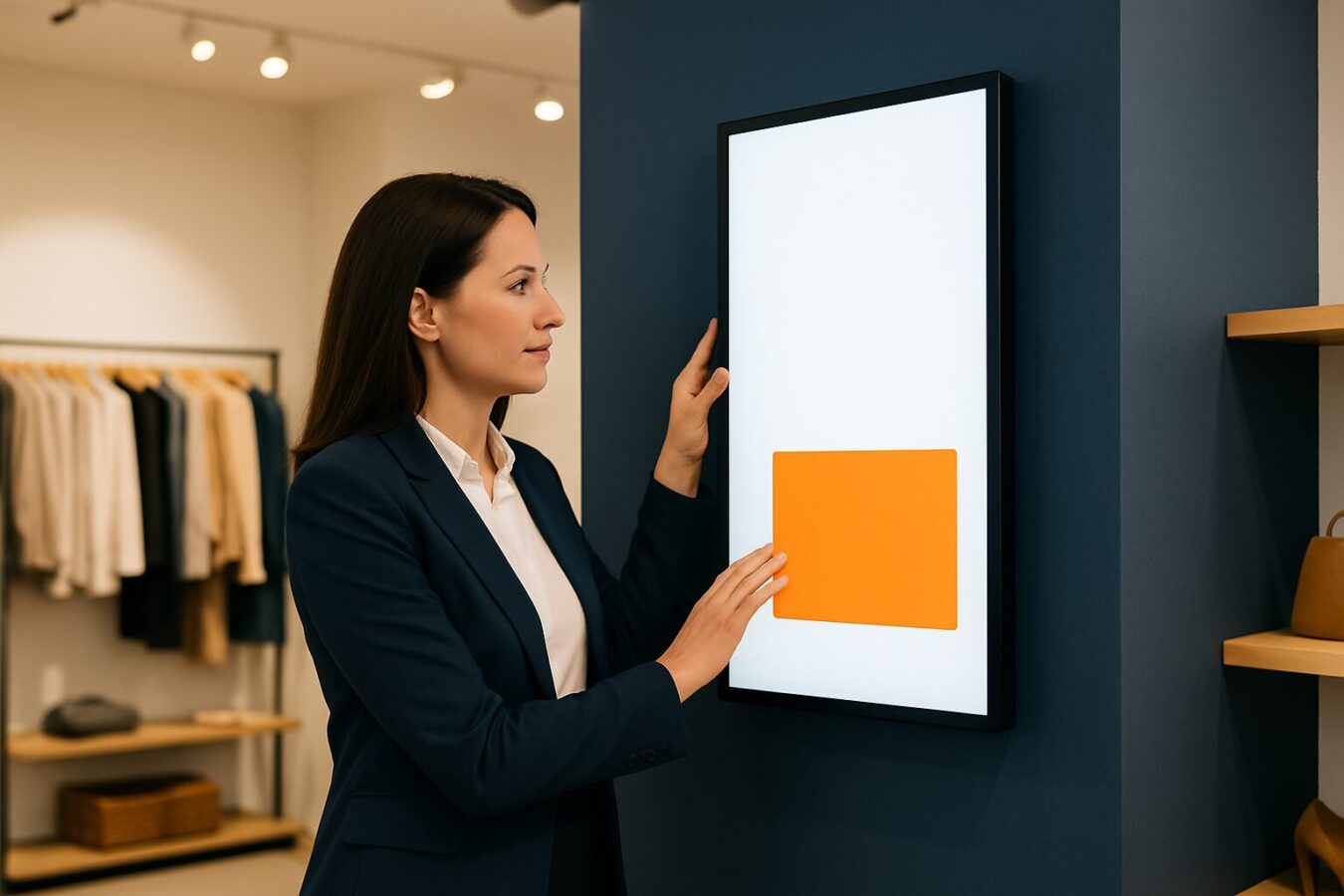 Retailmedewerker stelt een digital signage scherm in een moderne winkel in, met heldere productcontent op het display