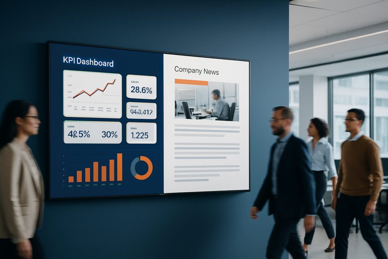 Professioneel digital signage scherm in een modern kantoor toont KPI-dashboard en bedrijfsnieuws voor medewerkers