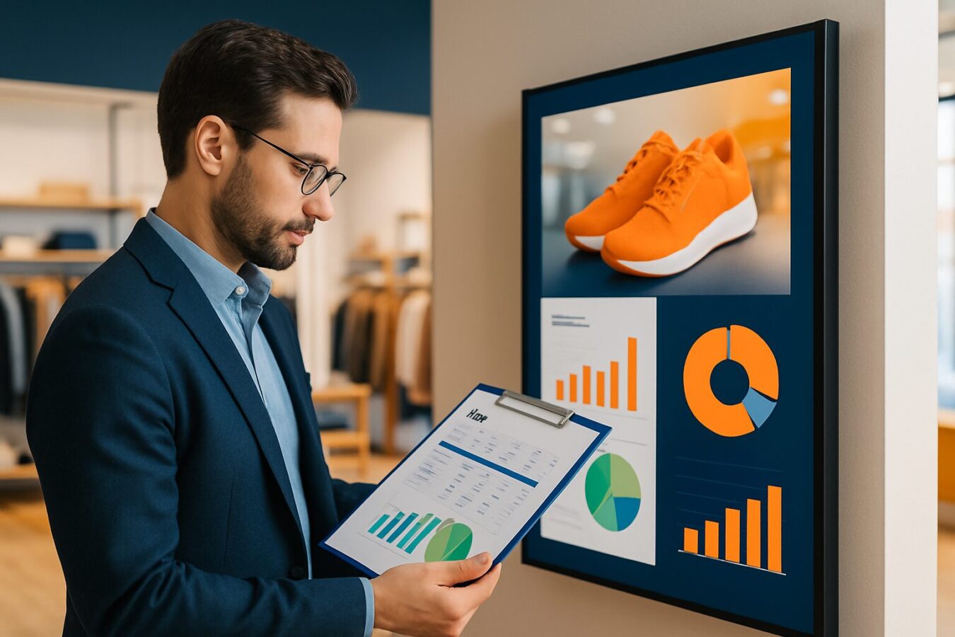 Retailmarketingmanager vergelijkt digital signage kosten en besparingen op laptop naast een commercieel display in een winkel