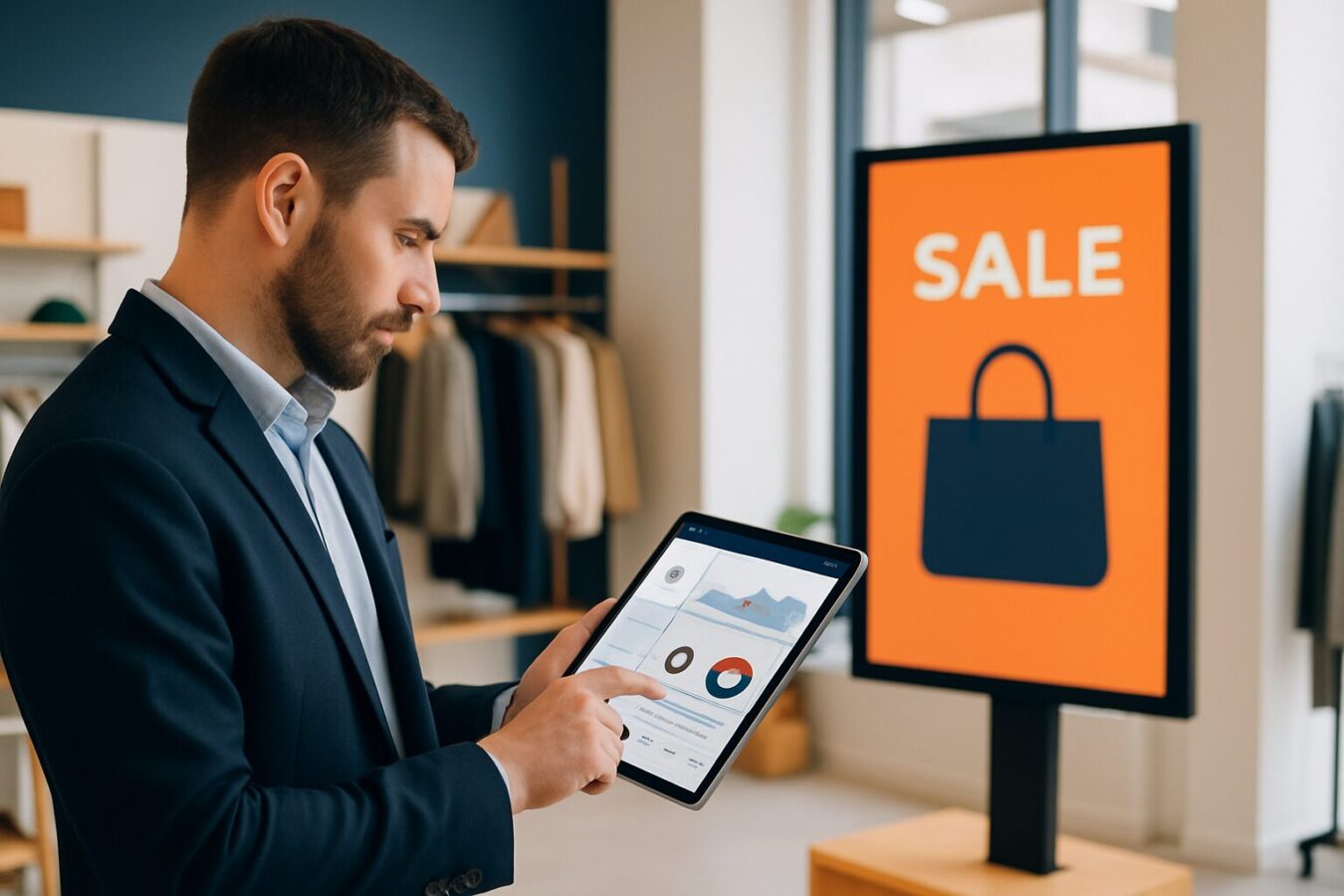 Retailmanager bekijkt digital signage CMS-dashboard op tablet voor een commercieel reclamescherm in een winkel