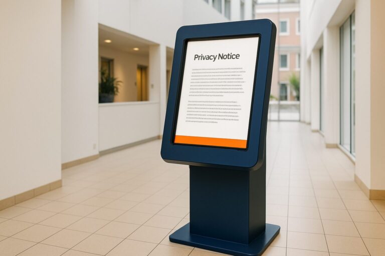 Digitale informatiezuil in een gemeentelijk gebouw met zichtbare privacymelding op het touchscreen, blauwe en oranje kleurstelling