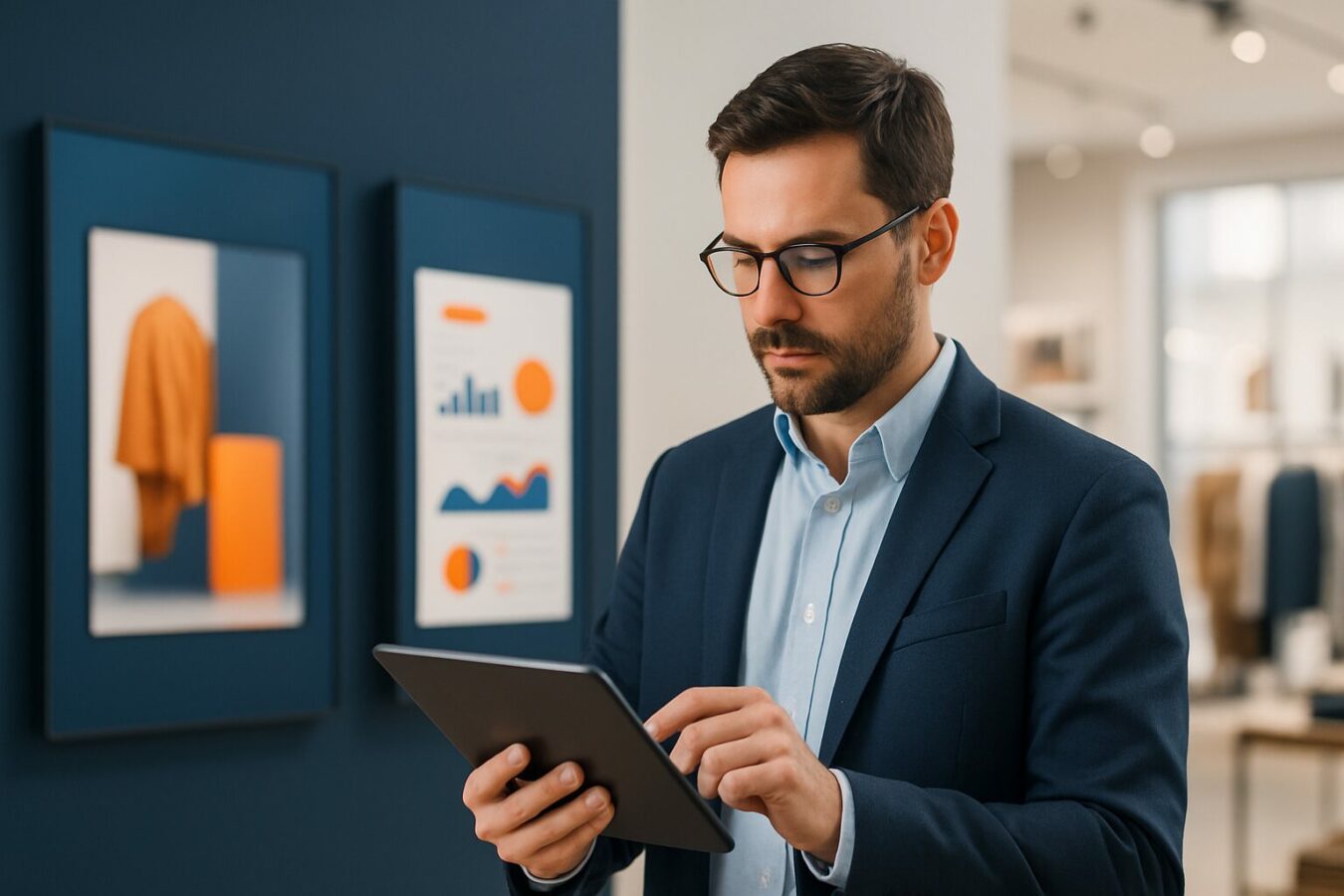 Retailmanager analyseert digital signage ROI-data op tablet in moderne winkel met blauwe en oranje displays op achtergrond