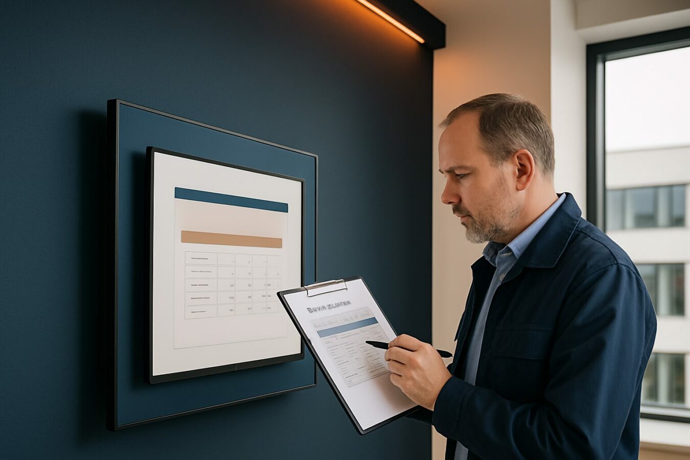 Facility manager berekent TCO van digital signage op laptop naast een groot informatiedisplay in een modern kantoor