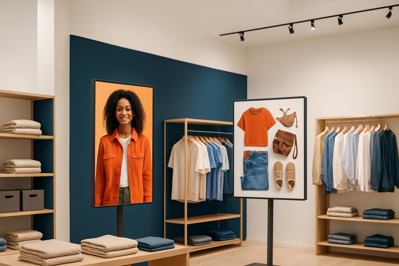 Twee digitale schermen in een winkel tonen verschillende content per zone, ter illustratie van narrowcasting versus digital signage