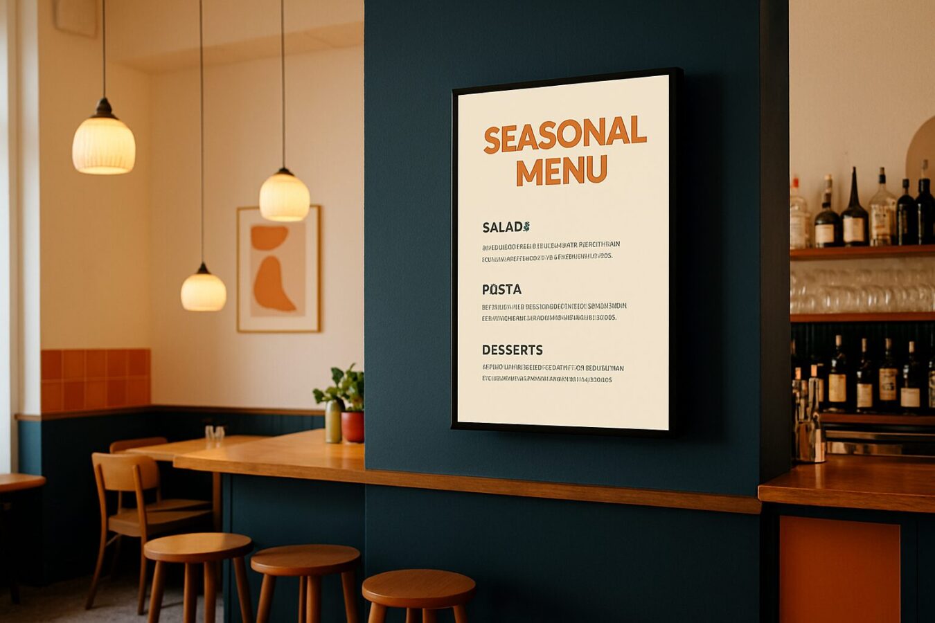 Digitaal menuscherm in een Nederlands café naast een traditionele papieren poster, kostenvergelijking digital signage horeca