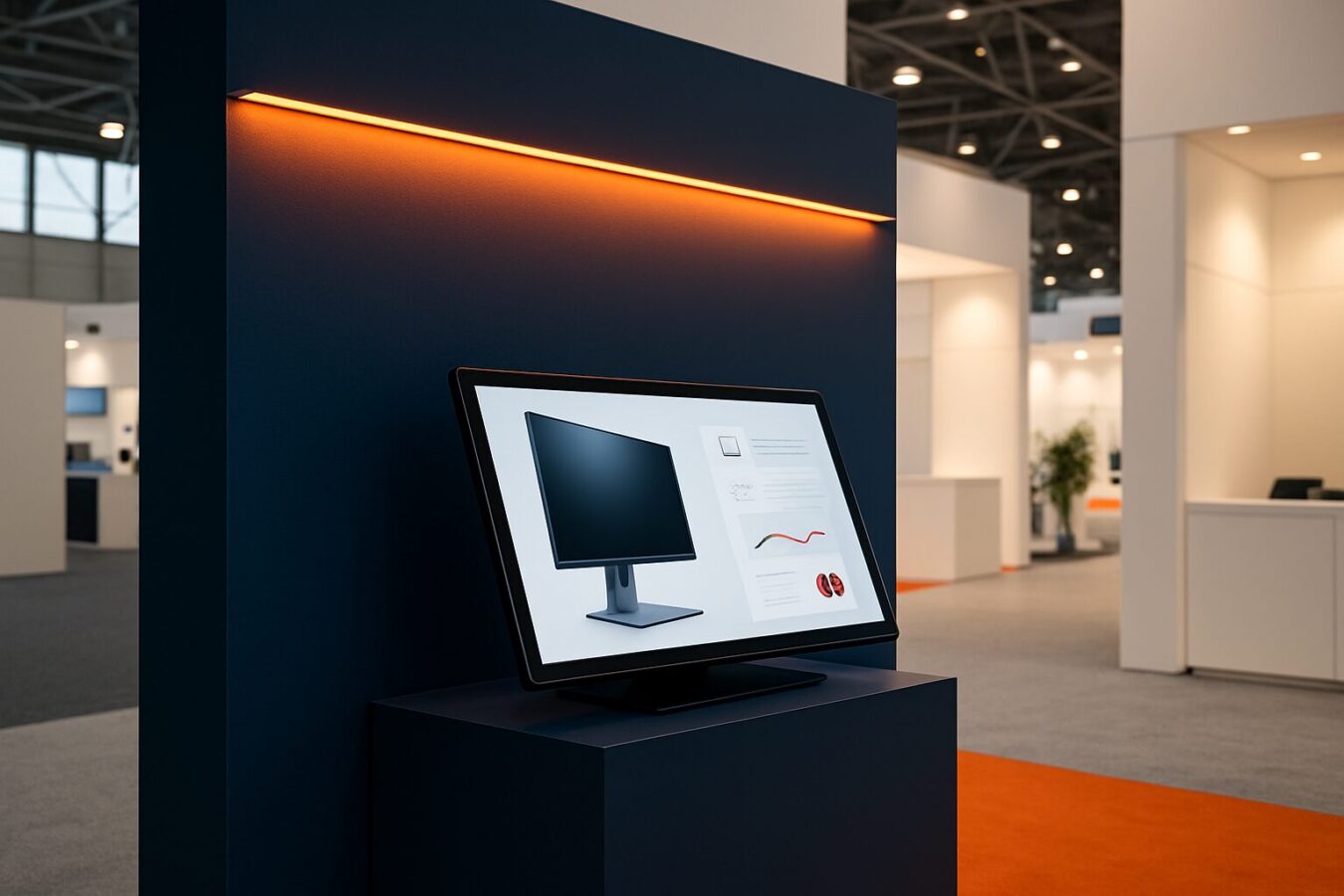 Vrijstaand touchscreen display op een beursstand in een moderne evenementenhal, met heldere productcontent op het scherm