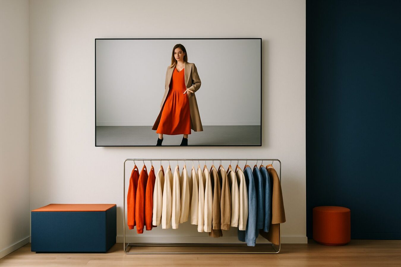 Digitaal display in een moderne modewinkel met lookbook-video op een groot touchscreen naast een kledingrek