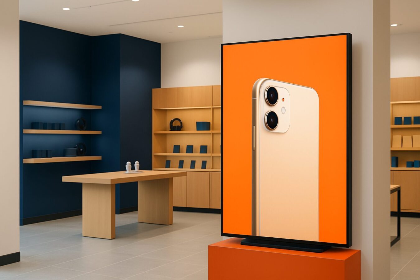 Digitaal reclamescherm in een moderne winkel met heldere productweergave en professionele verlichting in blauw-oranje kleurstelling