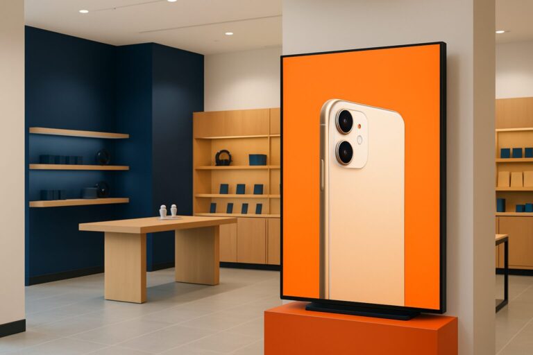 Digitaal reclamescherm in een moderne winkel met heldere productweergave en professionele verlichting in blauw-oranje kleurstelling