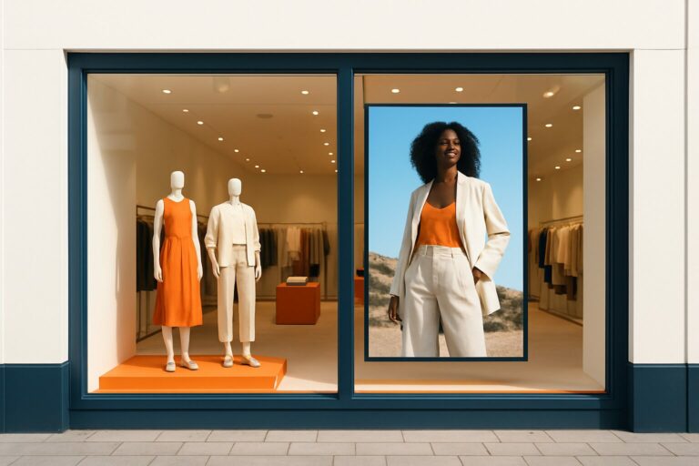 Moderne Nederlandse winkel met een groot commercieel digitaal etalagdisplay dat een modecampagne toont in helder daglicht