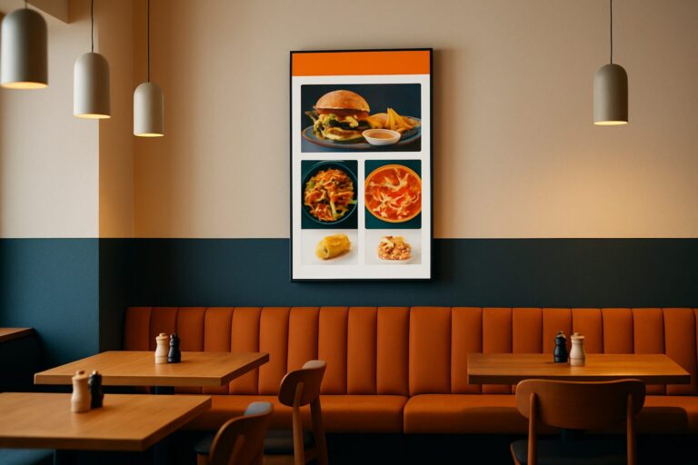 Digitale menukaart op de muur van een modern restaurant met promoties en dagschotels in beeld
