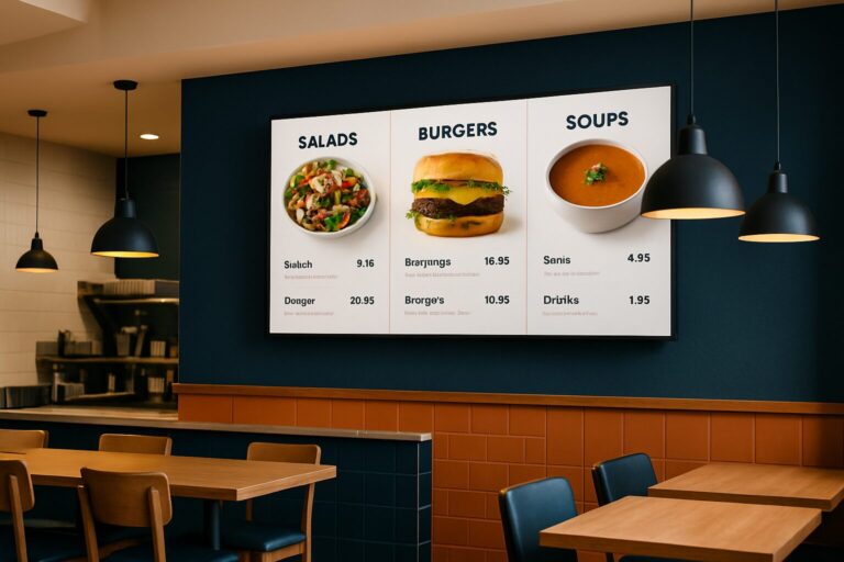 Digitale menukaart op groot display in modern restaurant interieur, met gerechten en prijzen zichtbaar op het scherm