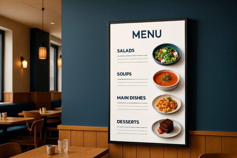 Digitale menukaart op commercieel display in modern restaurant interieur met warme sfeerverlichting