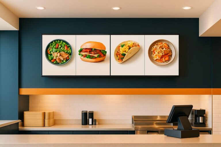 Digitale menukaart op groot display boven restaurantbalie met kleurrijke gerechten en prijzen zichtbaar voor gasten