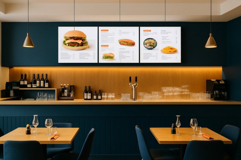 Digitaal menuboard achter de bar van een modern Nederlands restaurant met heldere schermweergave van het menu